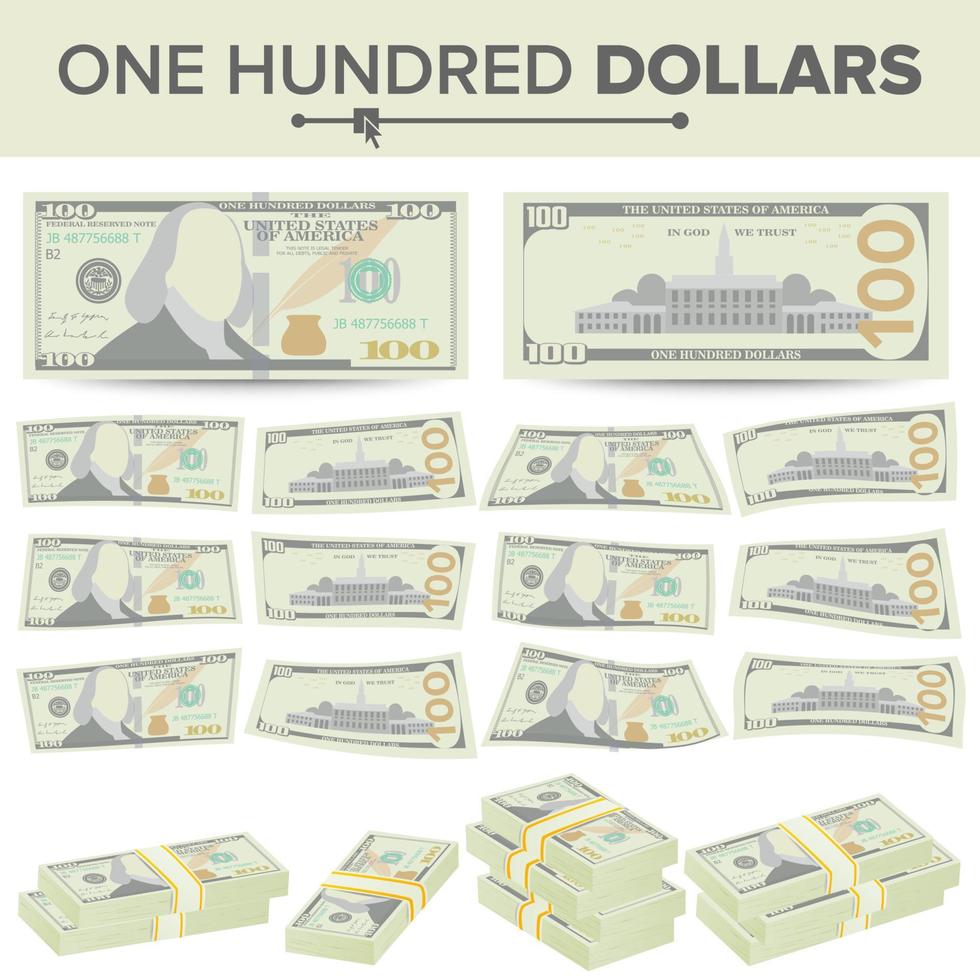100-Dollar-Banknotenvektor. Cartoon uns Währung. zwei seiten von hundert amerikanischen geldscheinen isolierte illustration. Cash-Symbol 100-Dollar-Stapel vektor