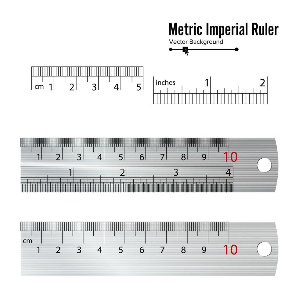 metrischer imperialer Herrschervektor. Zentimeter und Zoll. Messen Sie die Werkzeugausrüstungsillustration, die auf weißem Hintergrund lokalisiert wird. vektor