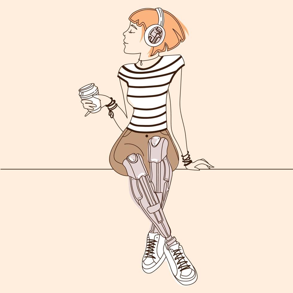 ung kvinna med ben proteser, dryck kaffe, linje konst modern ritning.vektor illustration. Inaktiverad person flicka tonåring med en ersättning robot kropp del protes återställa normalitet vektor