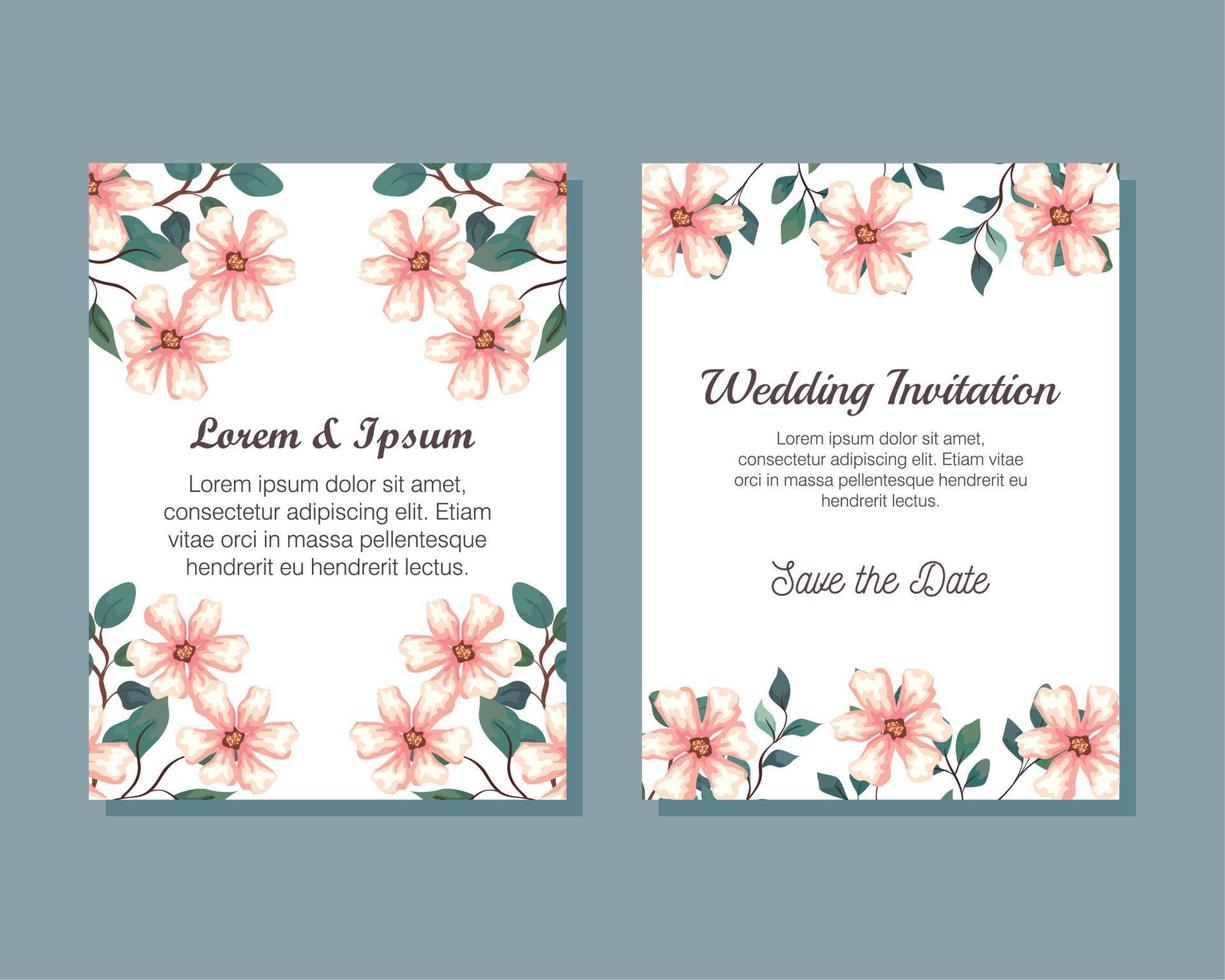Grußkarten mit Blumen, Hochzeitseinladungen mit Blumen mit Zweigen und Blättern vektor