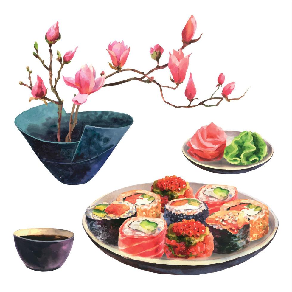 Aquarellillustration von Sushi auf einem Teller, Ingwer und Wasabi, Sojasauce und Magnolienzweigen in einer japanischen Vase, eine Reihe von Objekten isoliert auf weißem Hintergrund vektor