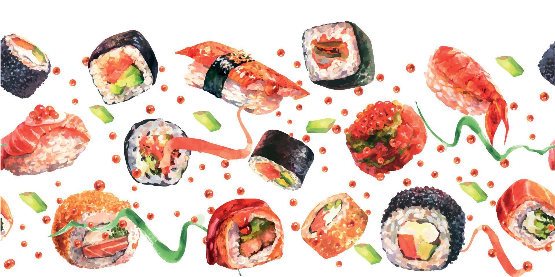 Aquarell horizontale Flatlay-Zusammensetzung nahtlose Grenze mit traditionellem japanischem Essen auf weißem Hintergrund. flache Lage, Draufsichtvorlage für Poster oder Karte vektor