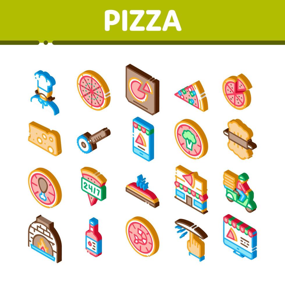 pizza utsökt mat isometrisk ikoner uppsättning vektor