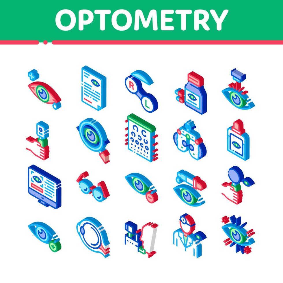 optometri medicinsk hjälpa isometrisk ikoner uppsättning vektor