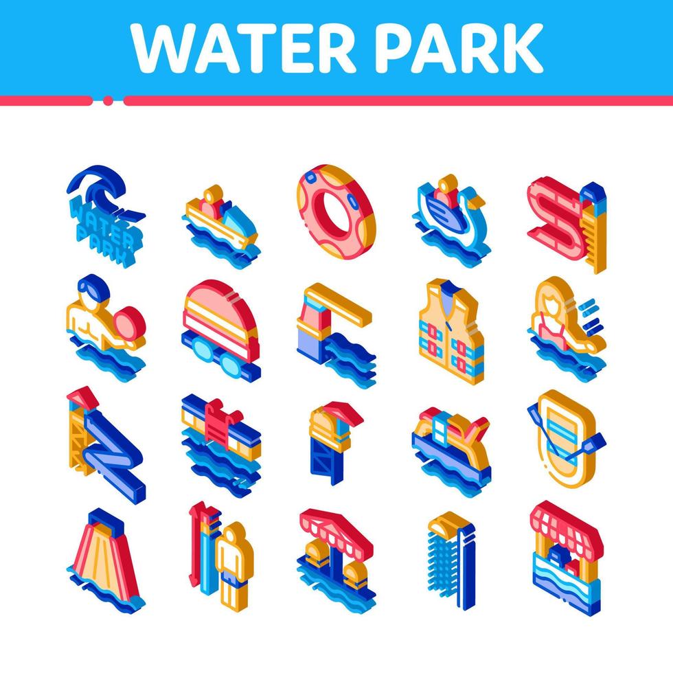 vatten parkera attraktion isometrisk ikoner uppsättning vektor