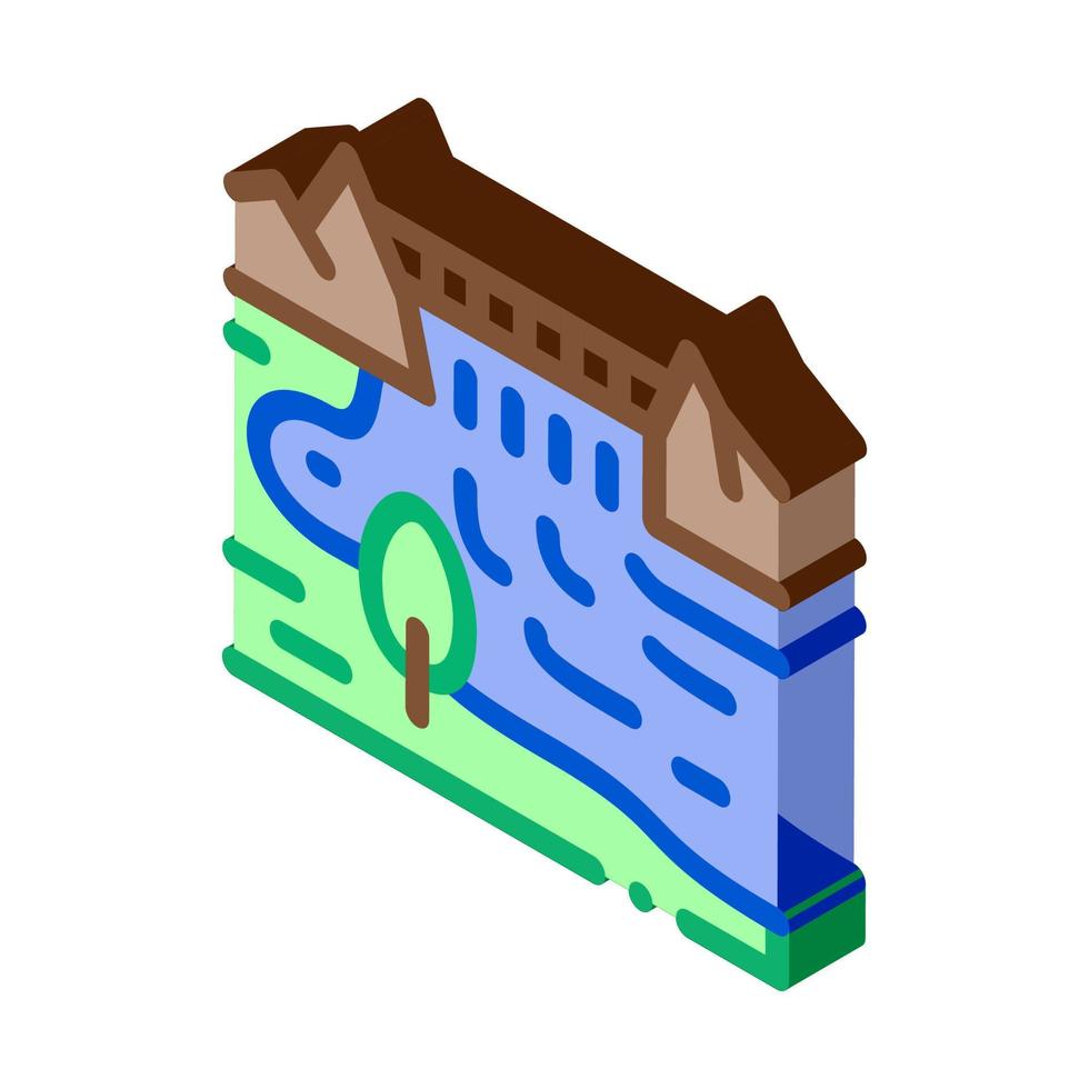 båt i flod landskap isometrisk ikon vektor illustration