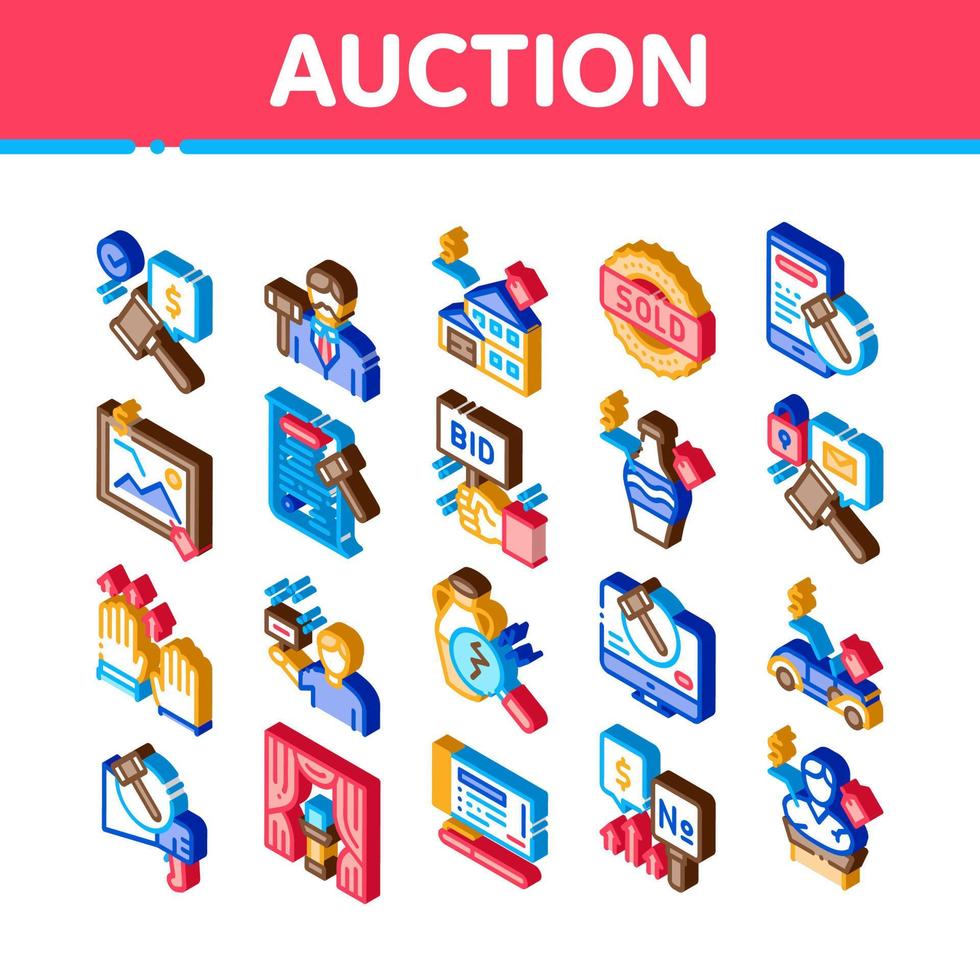 auktion uppköp isometrisk ikoner uppsättning vektor