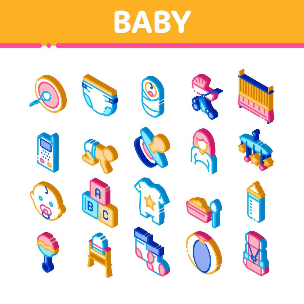 isometrische ikonen der babykleidung und der werkzeuge stellten vektor ein