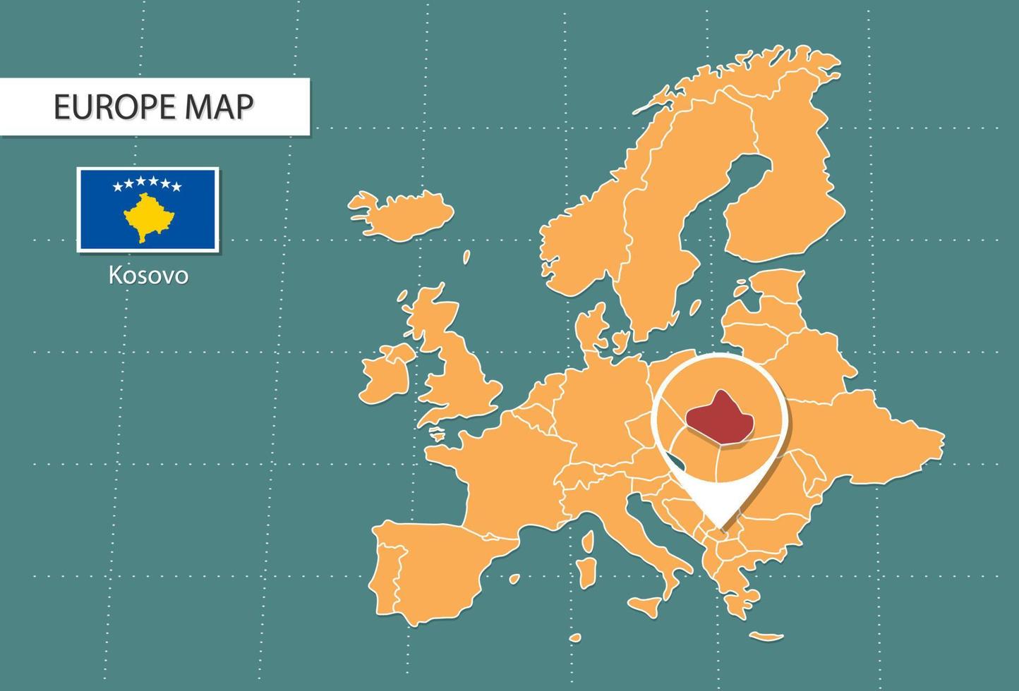 kosovo-karte in der europa-zoomversion, symbole, die kosovo-standort und -flaggen zeigen. vektor