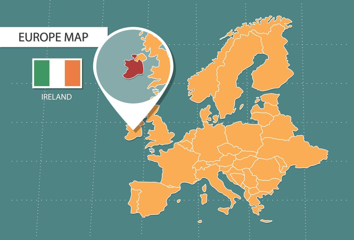 irland-karte in der europa-zoom-version, symbole, die irlands standort und flaggen zeigen. vektor