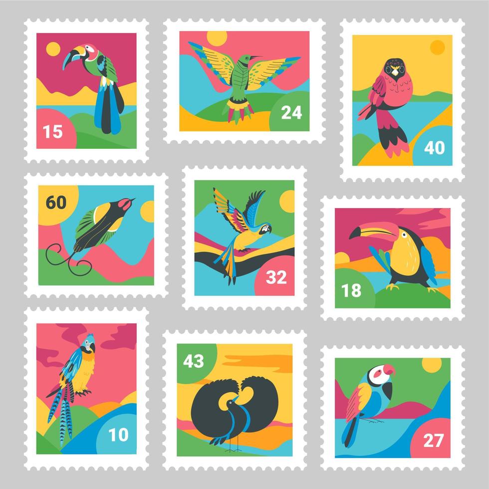 buntes Briefmarkenset mit tropischen Vögeln vektor