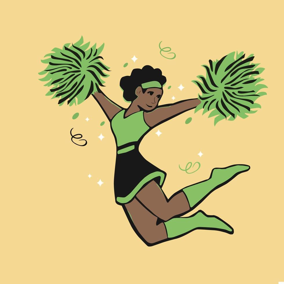 schwarze Cheerleaderin mit Pom Poms schöne Zeichentrickfigur vektor