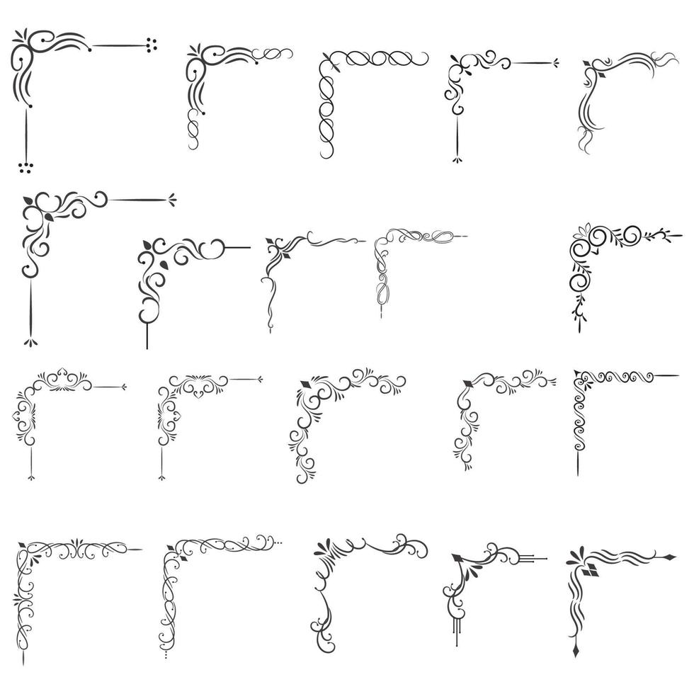 Satz von gemischten Randecken und klassischen Blumendekorationen, Vektorillustration des dekorativen Eckrahmensatzes. vektor