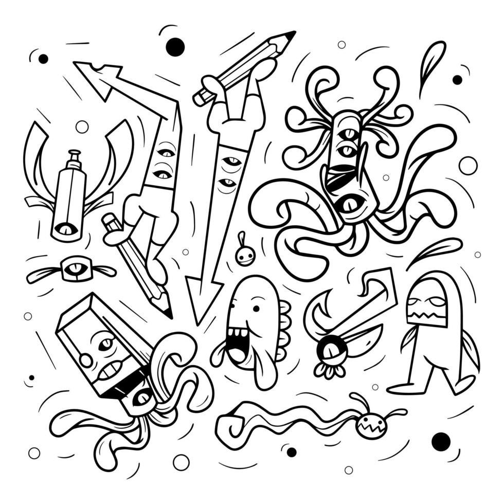 sehr cooles und künstlerisches Set von Doodle-Vektor-Monster-Invasion. Schwarz und Weiß, perfekt für Doodle-Designelemente, Wandbilder, Malbücher und andere vektor
