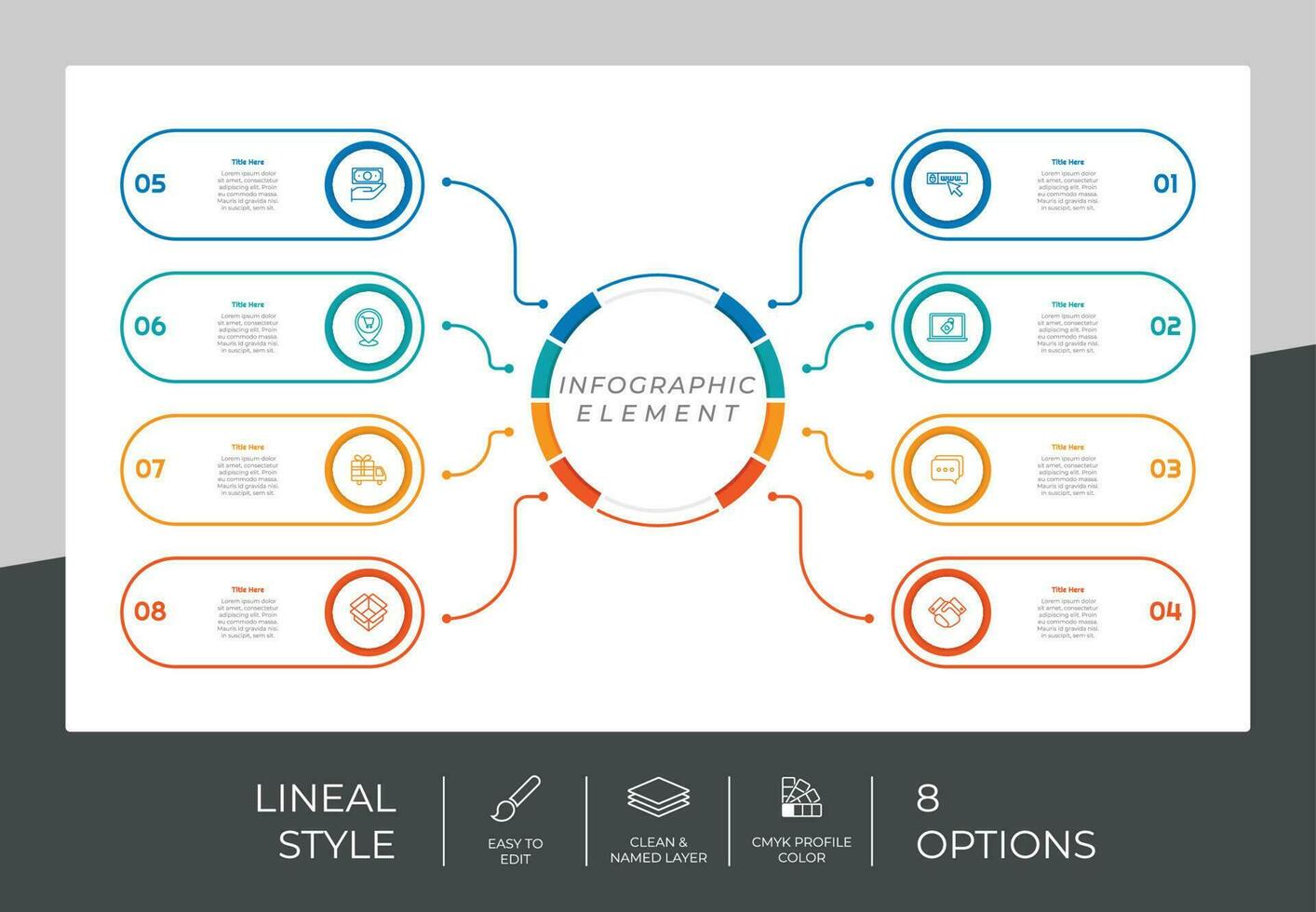 cirkel alternativ infographic vektor design med 8 alternativ färgrik stil för presentation syfte.linje alternativ infographic kan vara Begagnade för företag och marknadsföring