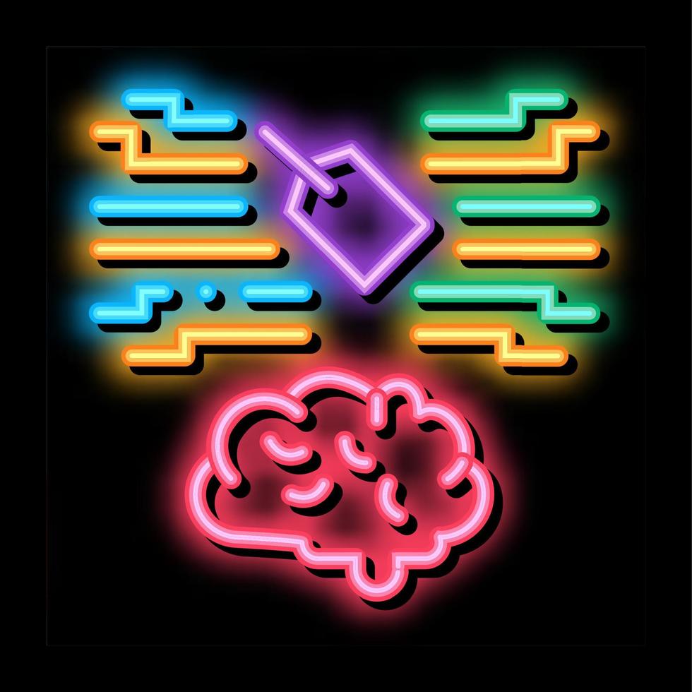 neuromarketing-etikett und neonglühen-symbolillustration des gehirns vektor