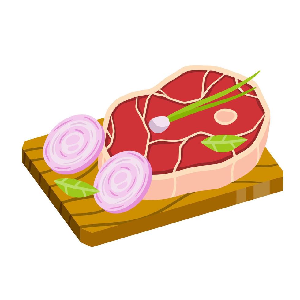 Stück rohes Fleisch auf Schneidebrett. Küchen- und Restaurantelemente. frisches Rind- und Schweinefleisch. flache karikaturillustration. Koteletts und Zutaten. Essen zubereiten vektor