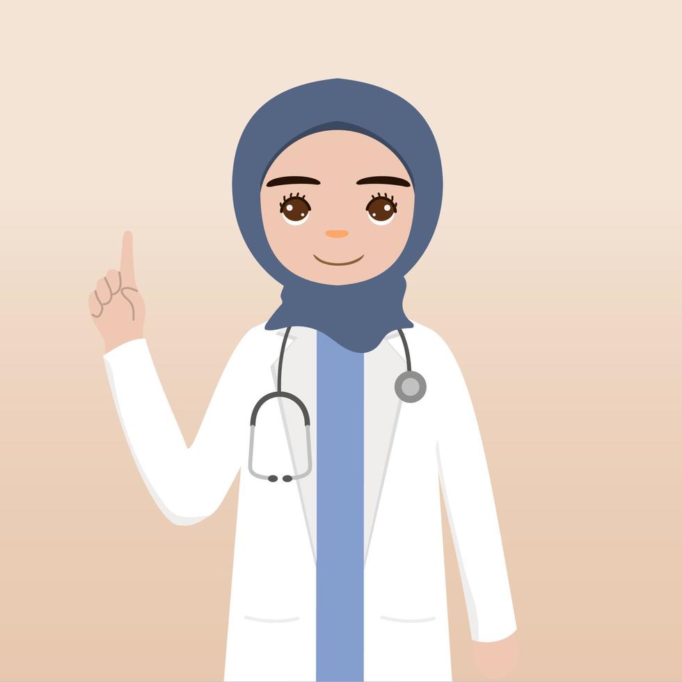 främre se hijab läkare karaktär. läkare karaktär skapande ansikte känslor, utgör och gest. tecknad serie stil, platt vektor illustration.female hijab läkare finger pekande upp, innehav urklipp.