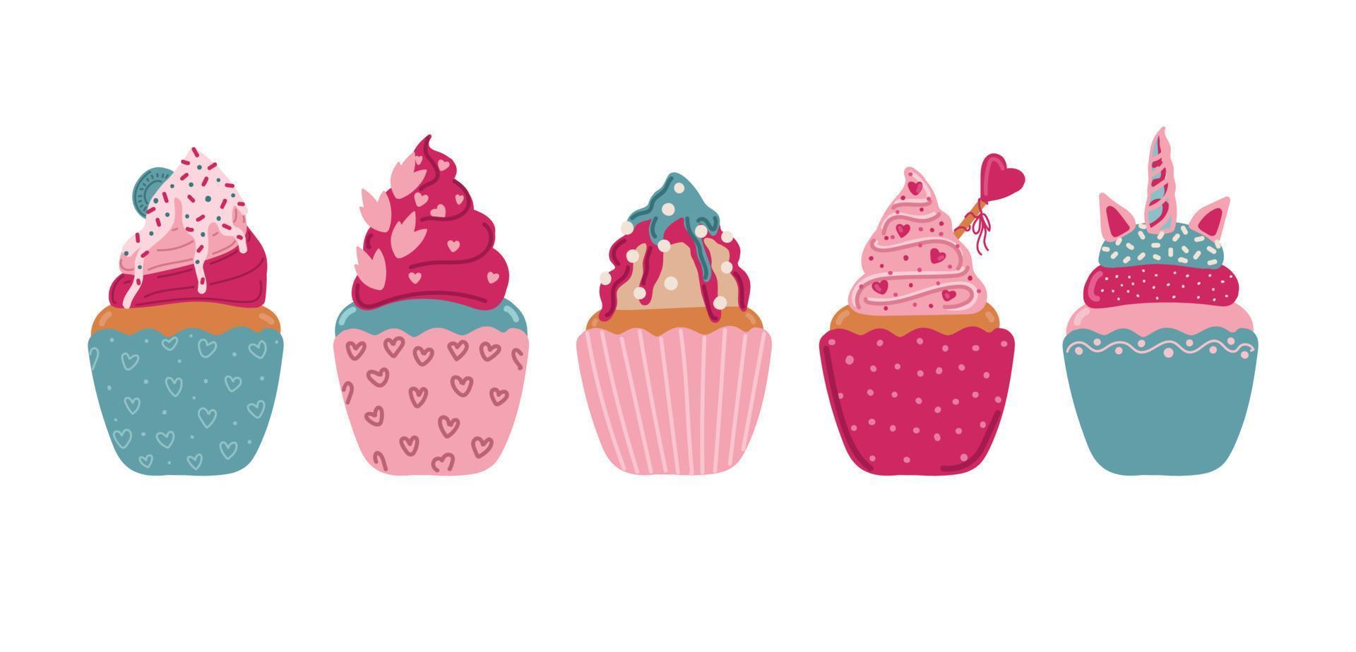 valentinstag set cupcakes. Valentinstag-Elemente, die Sie verwenden können, um Ihre Designs voller Liebe zu gestalten vektor