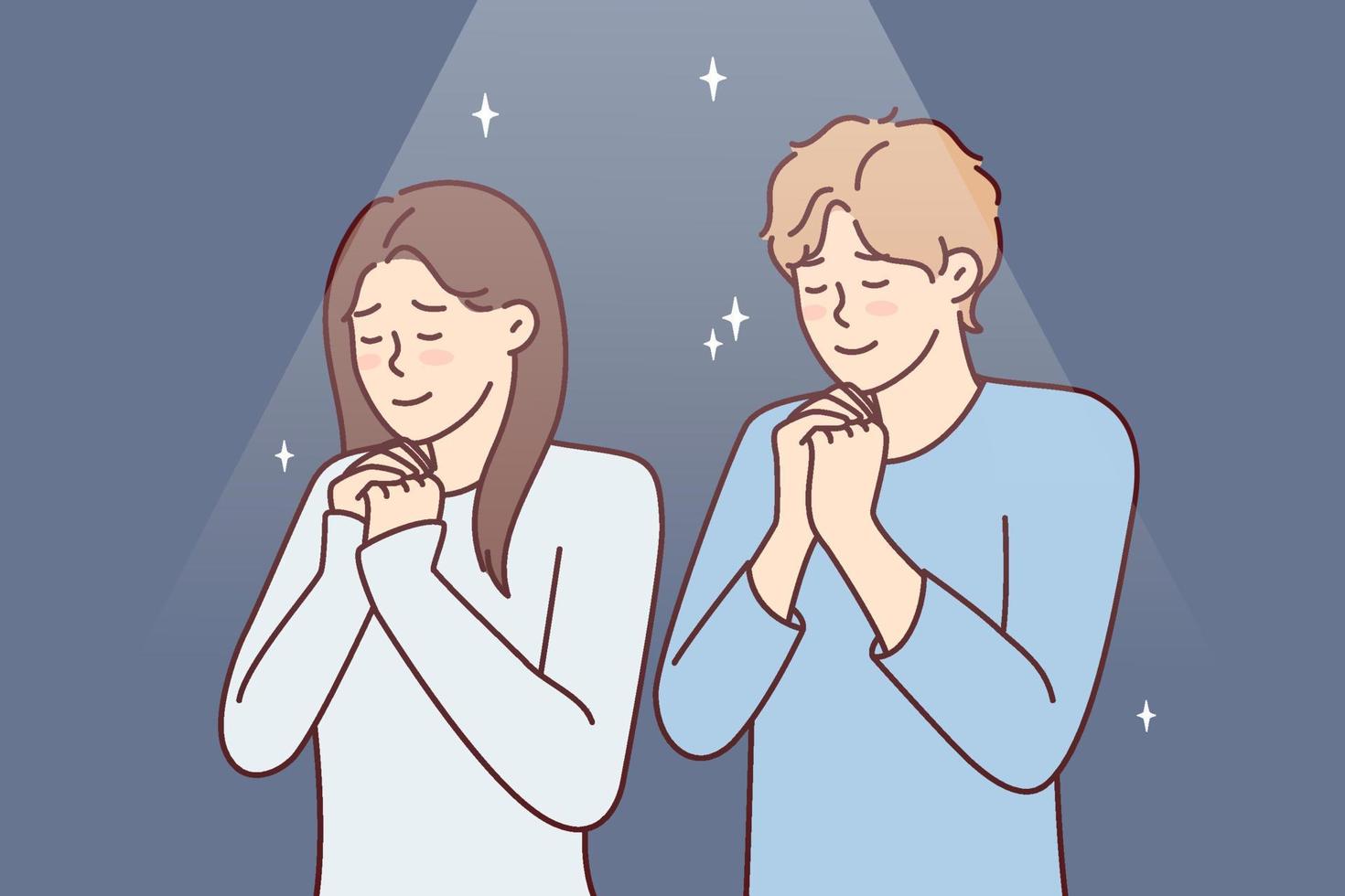 Positiver Mann und Frau beten und bitten Gott um eine glückliche Ehe. Ein junges Paar steht mit geschlossenen Augen und umklammert die Handflächen vor der Brust und führt gemeinsam ein religiöses Ritual durch. flaches Vektorbild vektor