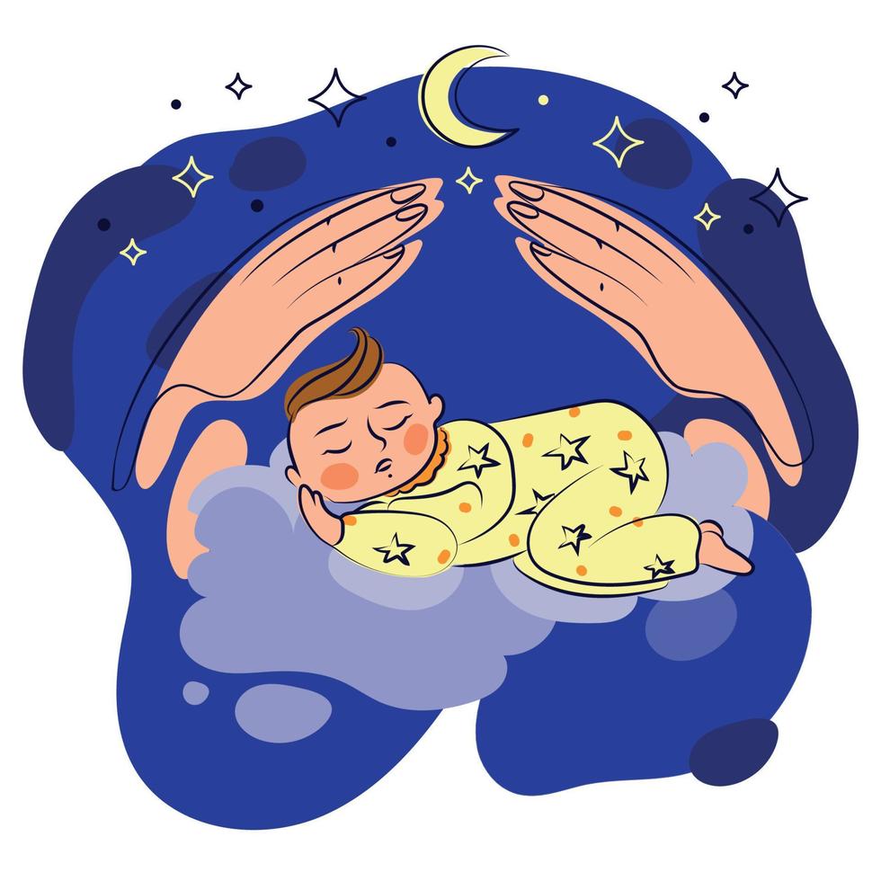 söt sovande bebis i pyjamas på moln med mors händer ovan honom mot en blå himmel med måne och stjärnor vektor tecknad serie illustration.emblem för Produkter för barnomsorg för de barn.