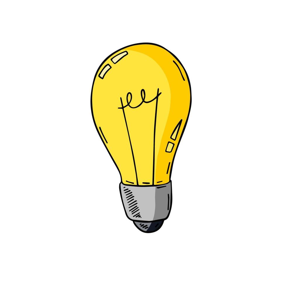 die Glühbirne. Skizze gezeichnetes elektrisches Gerät. cartoon doodle beleuchtungskonzept und idee. lösung und kreativ vektor