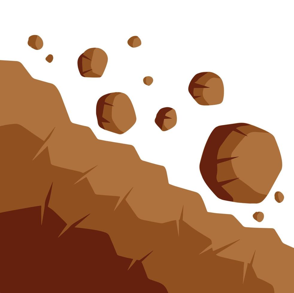 sten rullar av klippa. faller flyttblock. stenfall och jordskred. brun jorden. platt tecknad serie illustration. företag begrepp av kris och problem. element av natur och bergen vektor