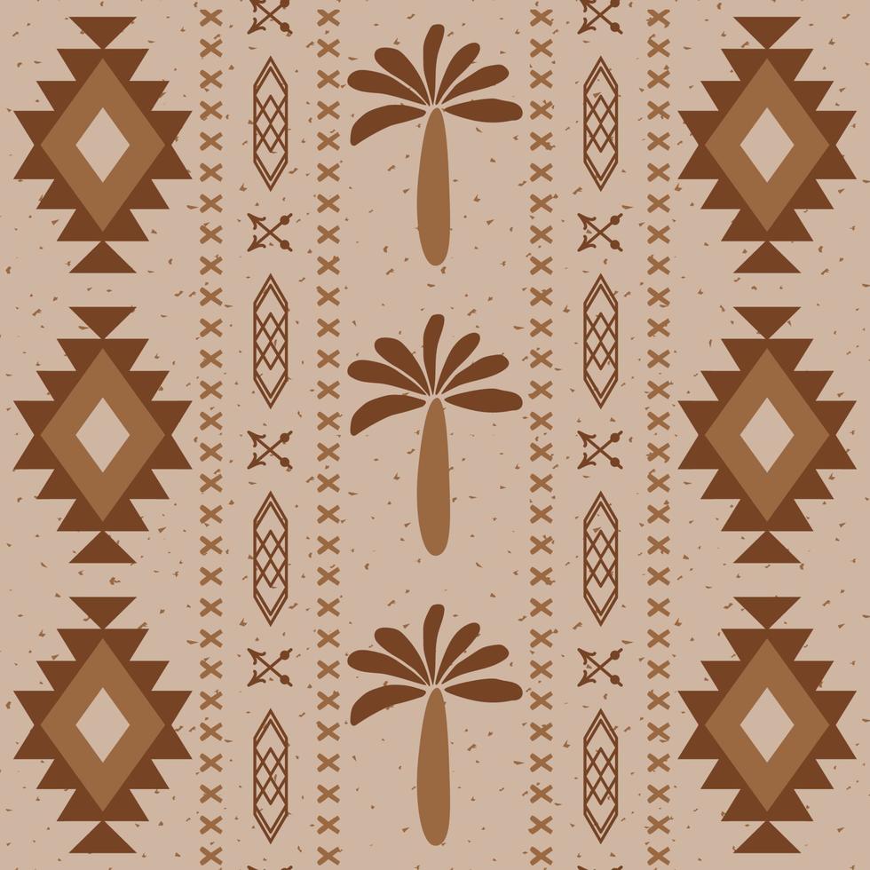 ethnisches Stammes-geometrisches nahtloses Muster in der Erdtonfarbe. traditionelles boho-ornament aus gekritzelrautenelement und palme. abstrakte aztekische mosaikformen, hintergrund wiederholen. Vektor-Illustration. vektor