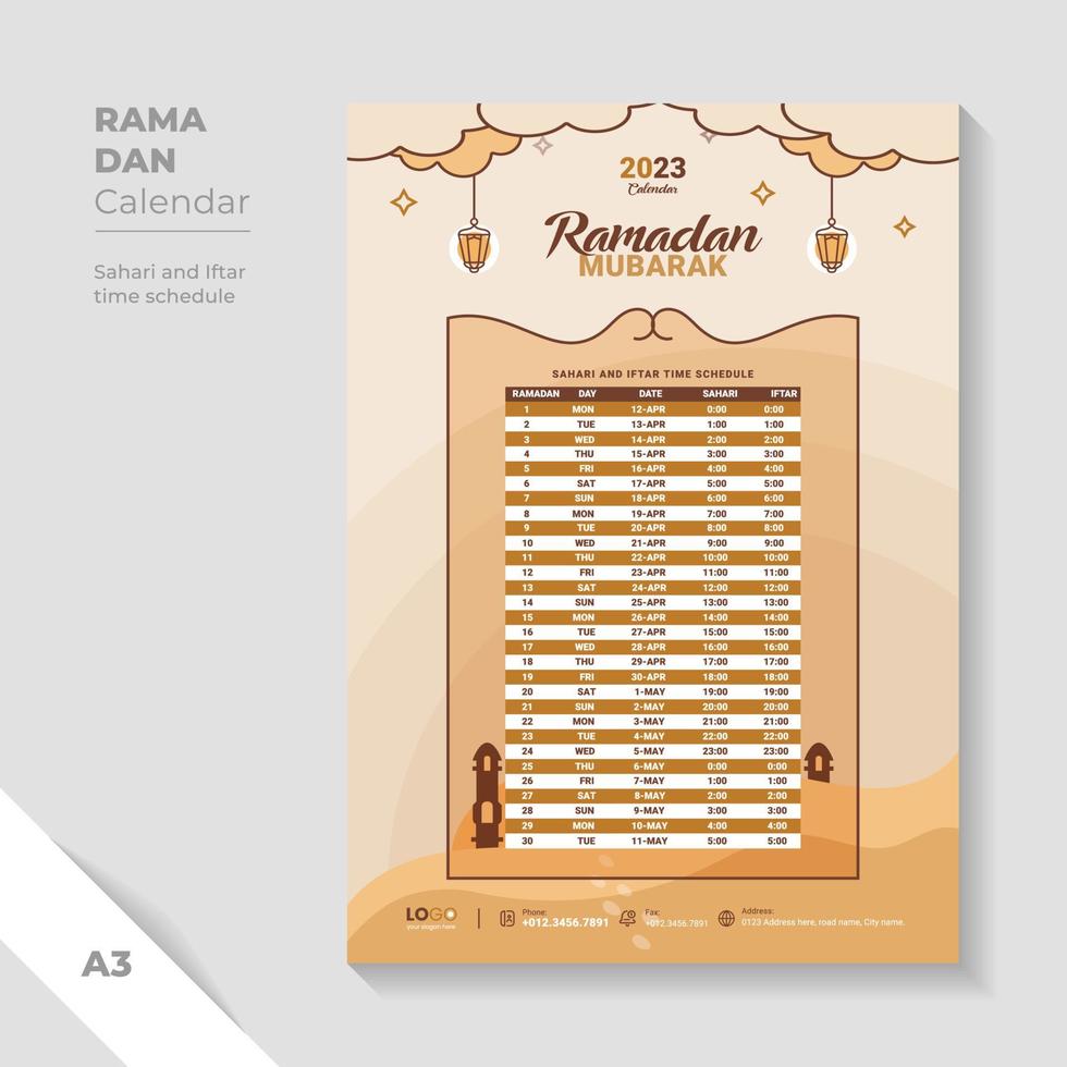sandfarbe ramadan kalendervorlage. einzigartiges design iftar zeitplanvorlage. vektor