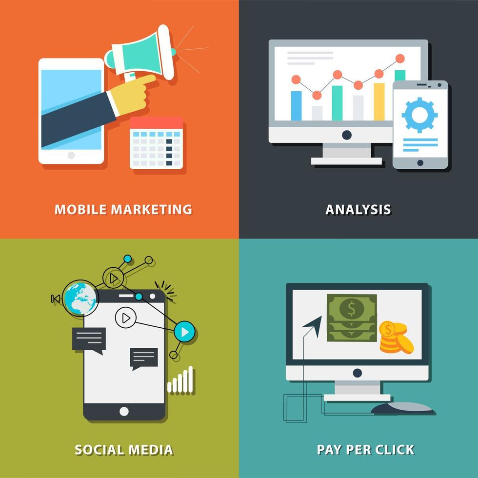 digital marknadsföring ikoner för webb design, seo, social media och betala per klick internet reklam i platt design vektor