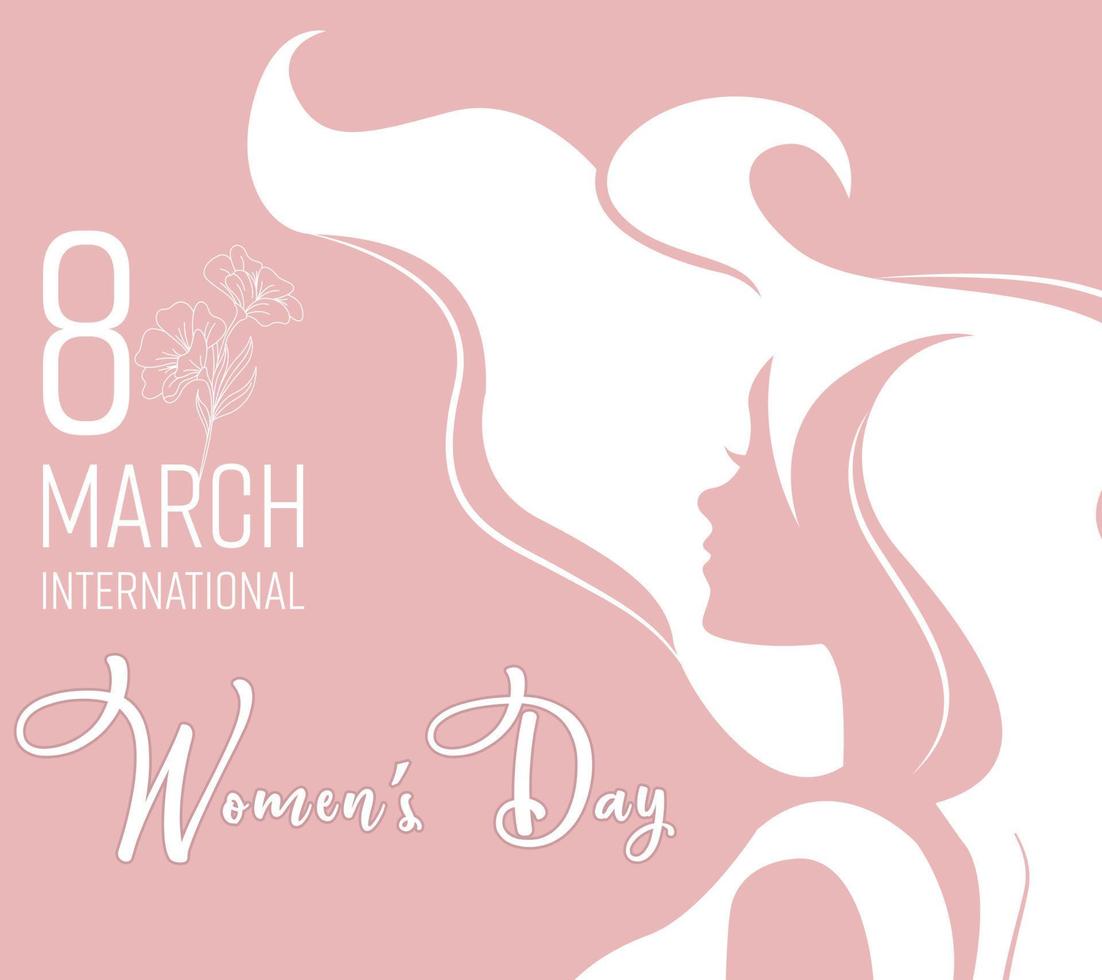 8:e Mars internationell kvinnor dag. silhuett av en kvinna med strömmande hår och en mjuk rosa bakgrund. vektor illustration