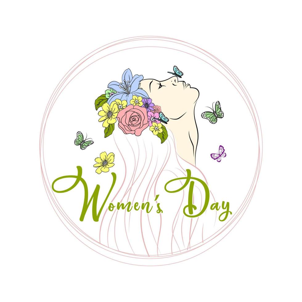 Lycklig kvinnor dag. skön silhuett av en kvinna med fjärilar och blomma prydnad. vektor illustration