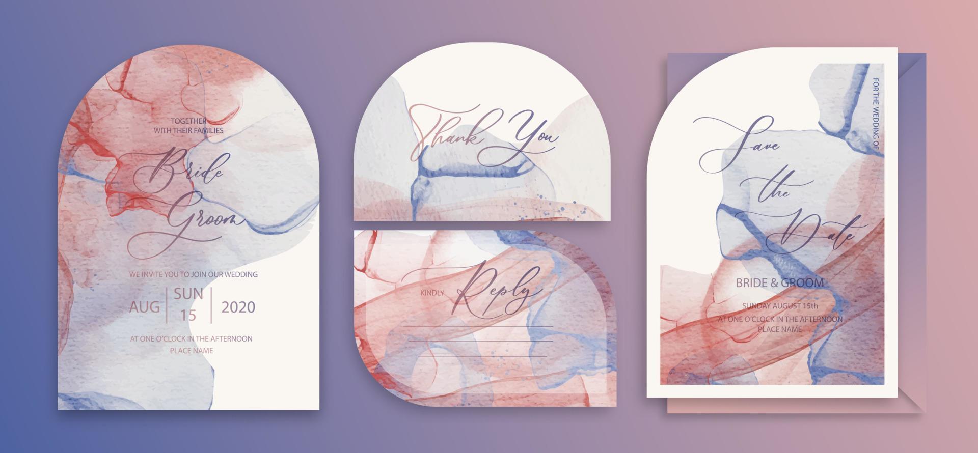 hochzeitsbogeneinladungskarten marineblau und rosa. Sammlungsdesign im Aquarell-Stil. aquarellbeschaffenheitshintergrund, broschüre, einladungsschablone. vektor