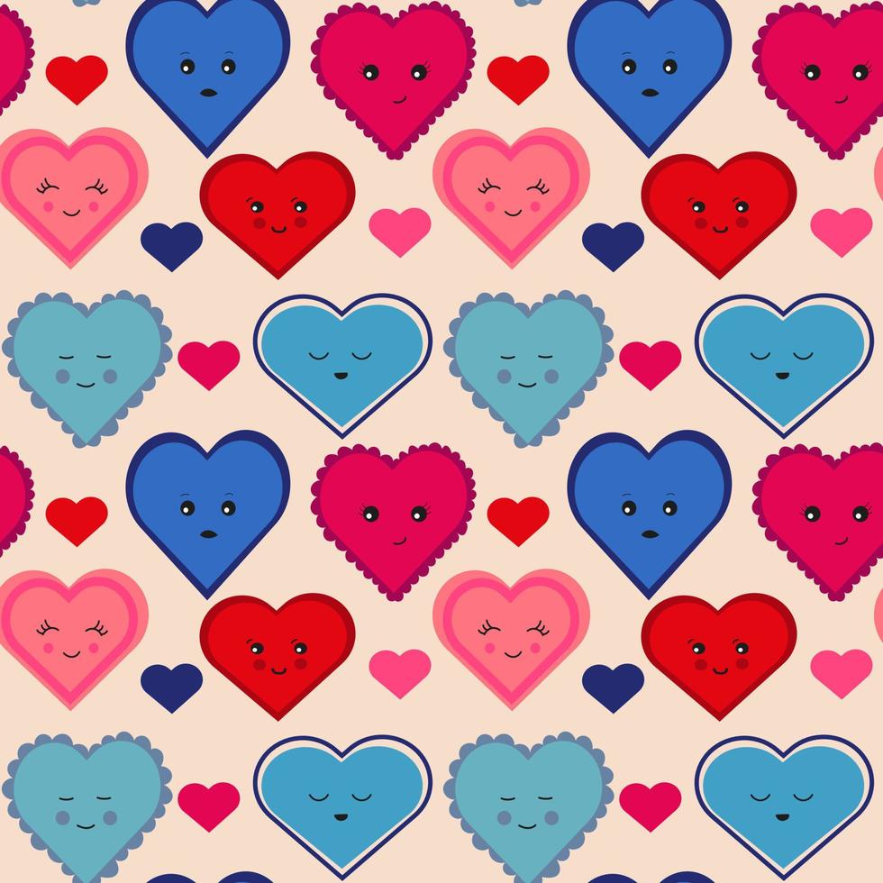 sömlös mönster med rosa, röd och blå hjärtan med annorlunda känslor och design. vektor retro textur. leende hjärta. ledsen hjärta. tyg mönster.valentinsdag dag illustration vektor.