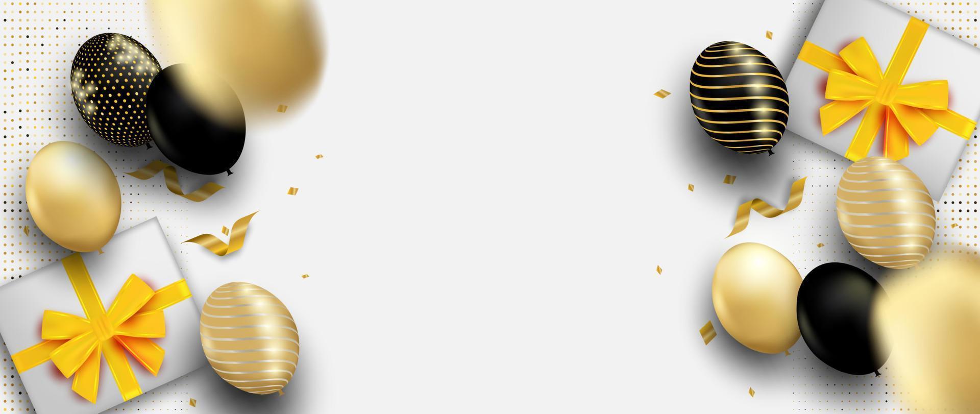 firande och Grattis kort. design med vit, guld ballonger och guld folie konfetti. lyx bakgrund. vektor. vektor