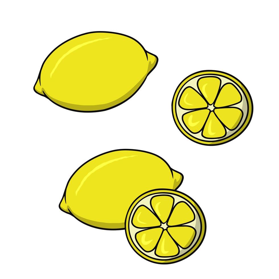 Reihe von gelben Zitronen mit Scheiben, Vektorillustration im Cartoon-Stil auf weißem Hintergrund vektor