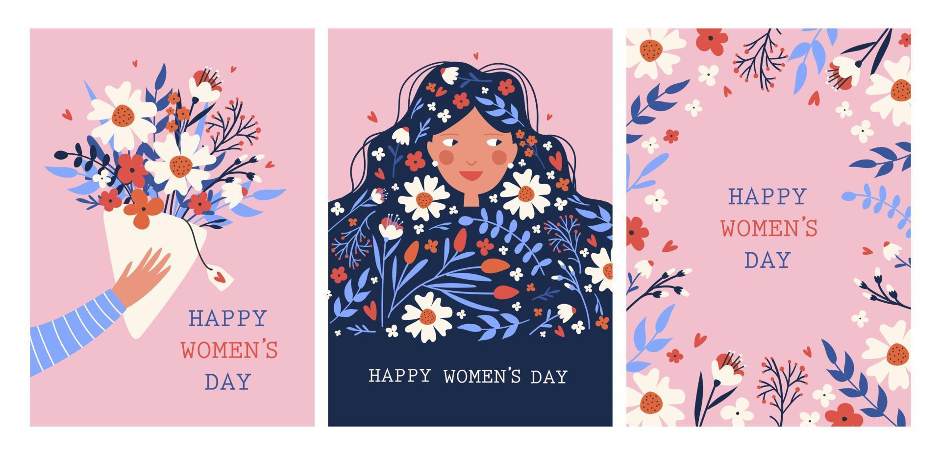 Happy Womans Day Kartenset mit Blumen. Vektorillustrationen vektor