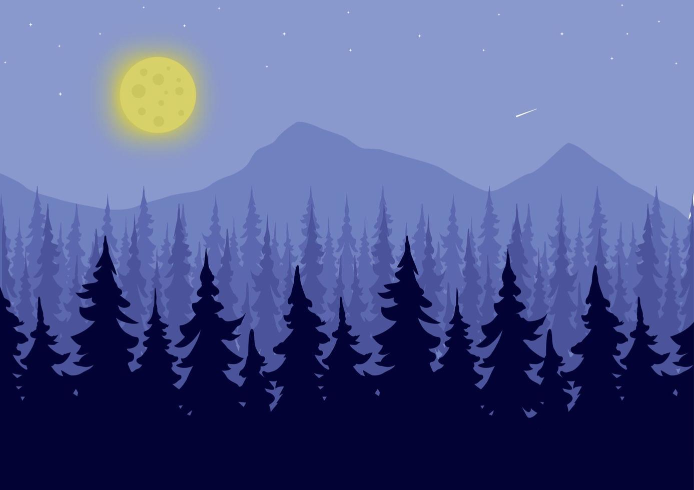 kiefernwald in den bergen nachts mit vollmondvektorillustration vektor