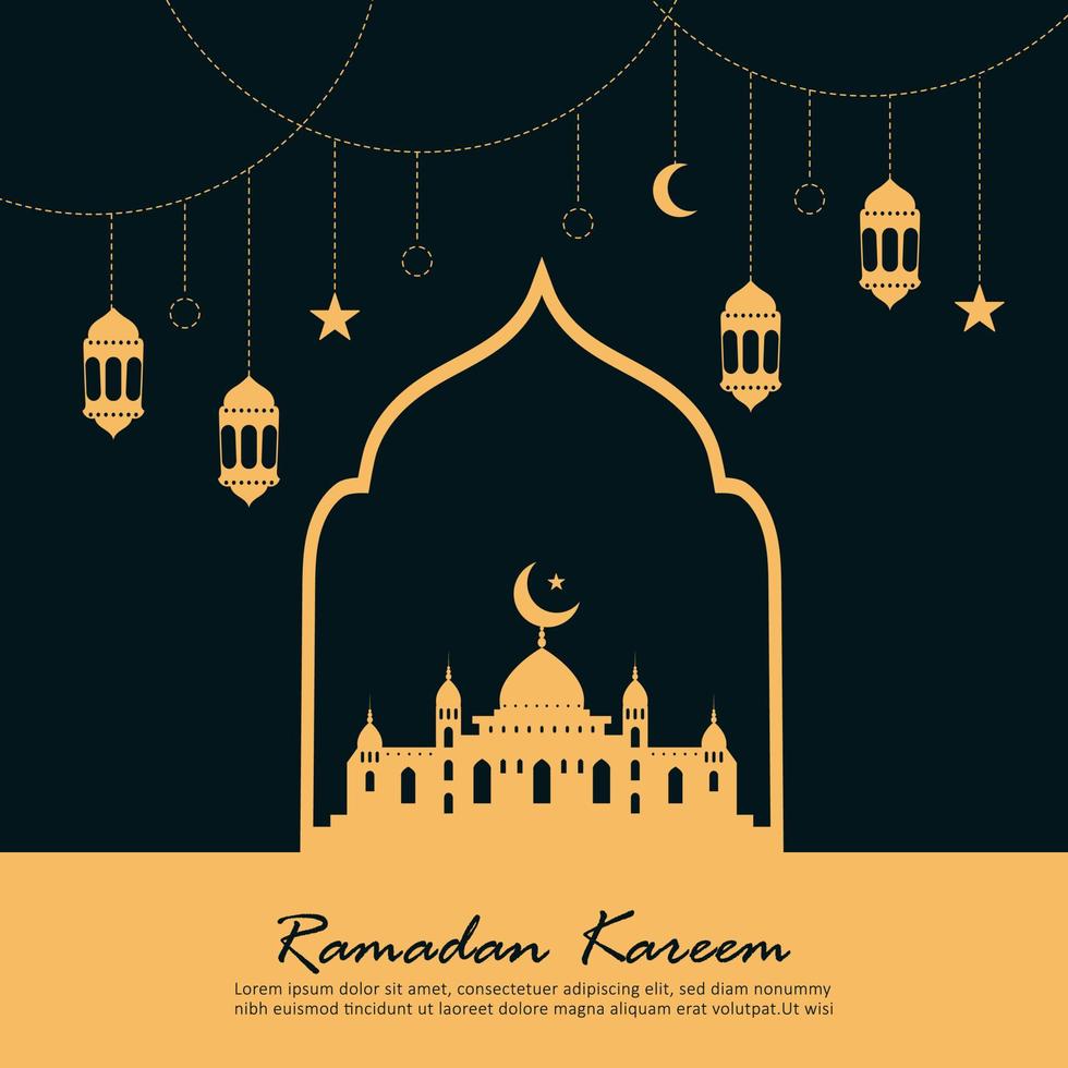 flaches design ramadan kareem mit moscheeschattenbildhintergrund vektor