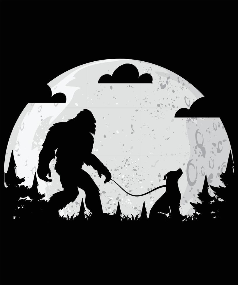 bigfoot und hund in einer mondgraphikvektor-t-shirtillustration vektor