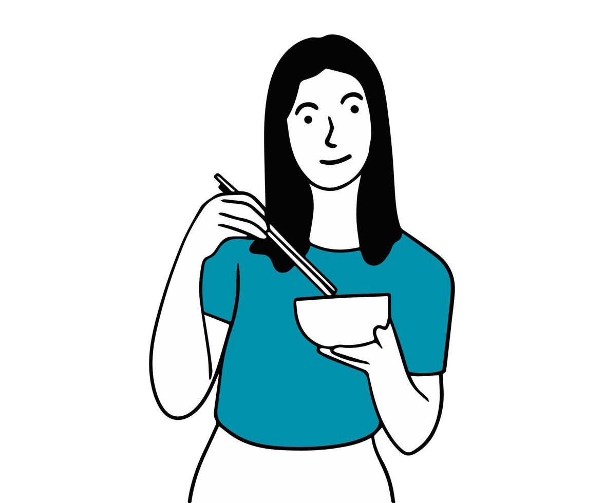kvinna med japansk mat skål hand dragen illustration vektor