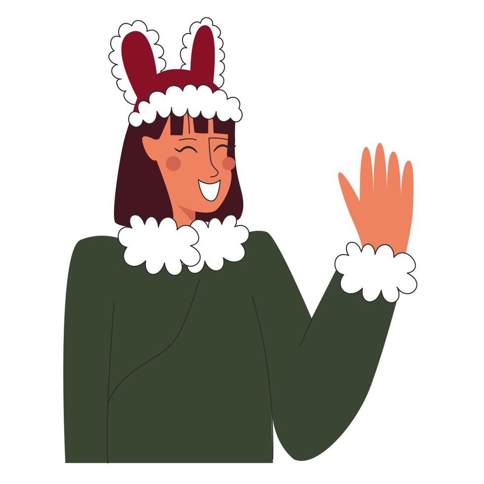 Lycklig flicka i grön asiatisk kläder och röd kanin hatt - symbol av år leende och Vinka hand. vektor stock illustration isolerat på vit bakgrund i platt stil