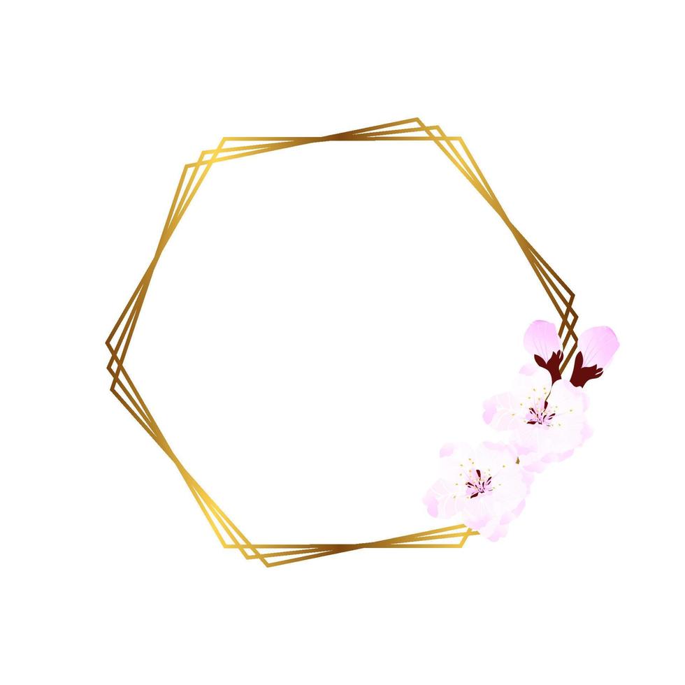 Goldrahmen mit weichen rosa Blumen. Vorlage für Hochzeitseinladungen. Vektor-Illustration. ein Kranz aus Kirschblüten. Kirschblüten im Frühling. Symbol der Liebe vektor