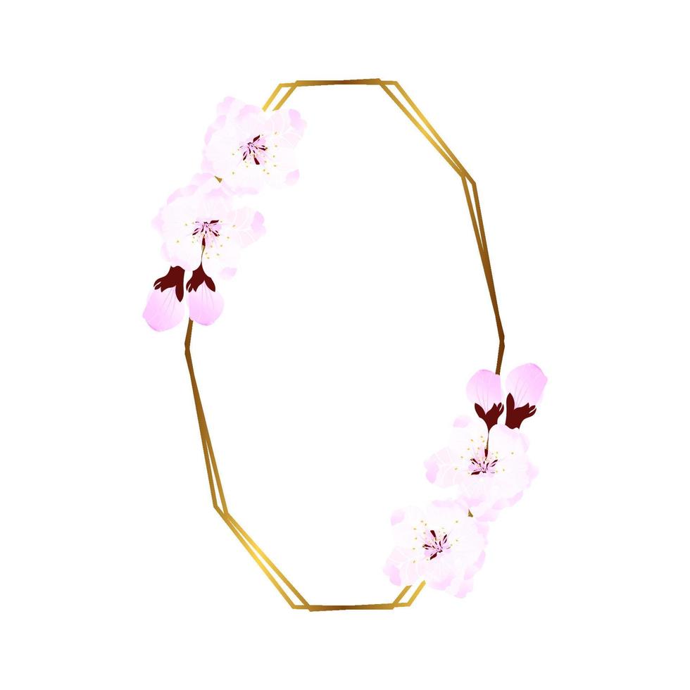 Goldrahmen mit weichen rosa Blumen. Vorlage für Hochzeitseinladungen. Vektor-Illustration. ein Kranz aus Kirschblüten. Kirschblüten im Frühling. Symbol der Liebe vektor