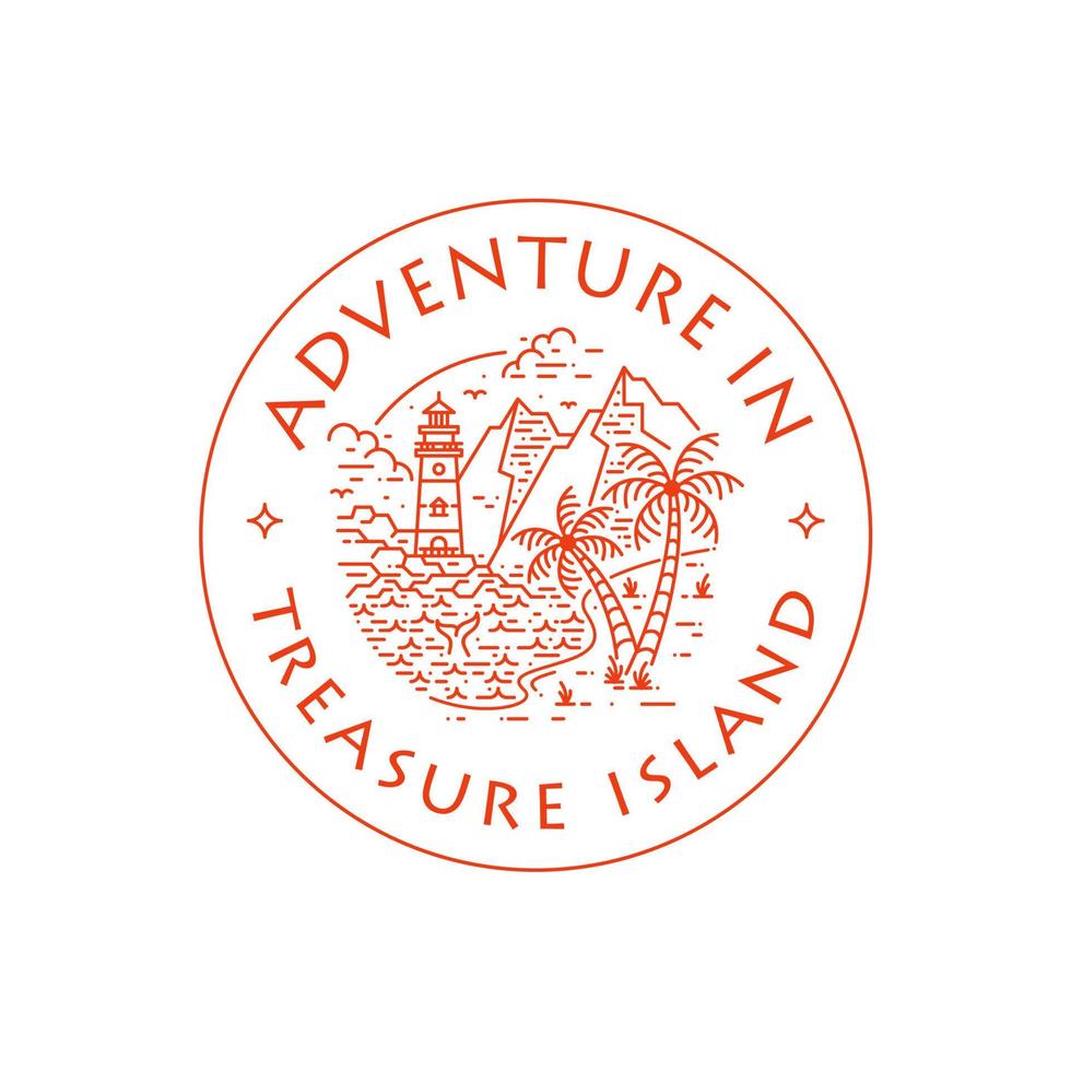 Schatzinsel-Palme mit Leuchtturm-Logo-Embem. Abenteuer im Freien Abzeichen Stempel Vektor Design Illustration