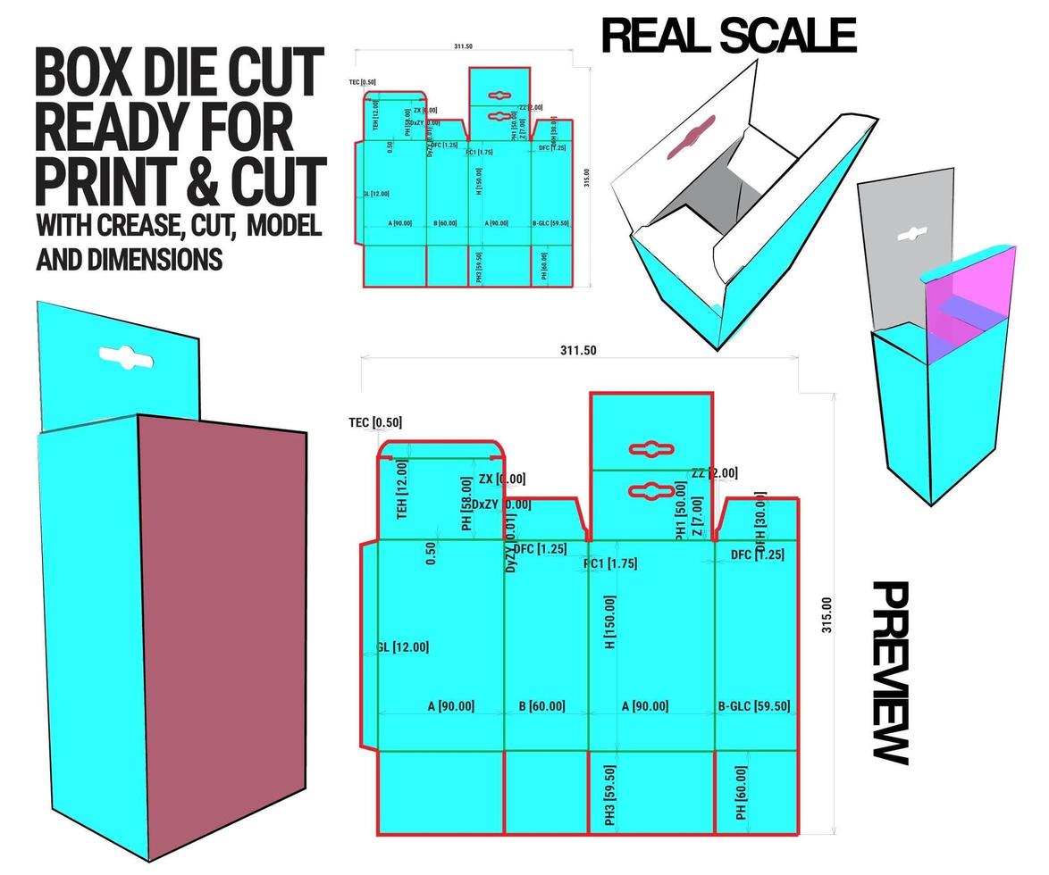 box-cut-kubmall med 3D-förhandsvisning organiserad med cut, veck, modell och dimensioner redo att klippa och skriva ut, i full skala och fullt fungerande. förberedd för riktig kartong vektor