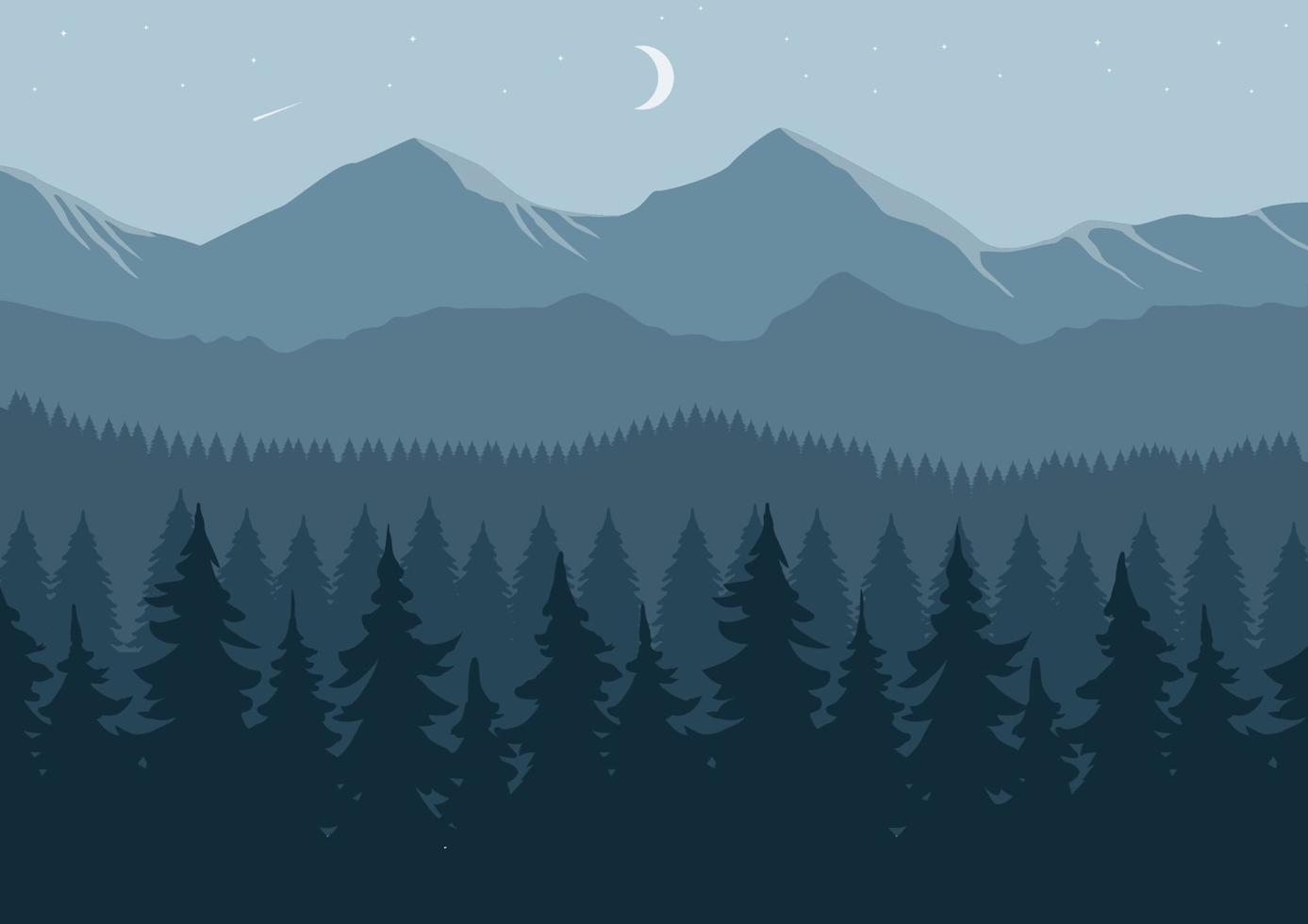 berg landskap med barr- skog och måne på natt. vektor illustration.