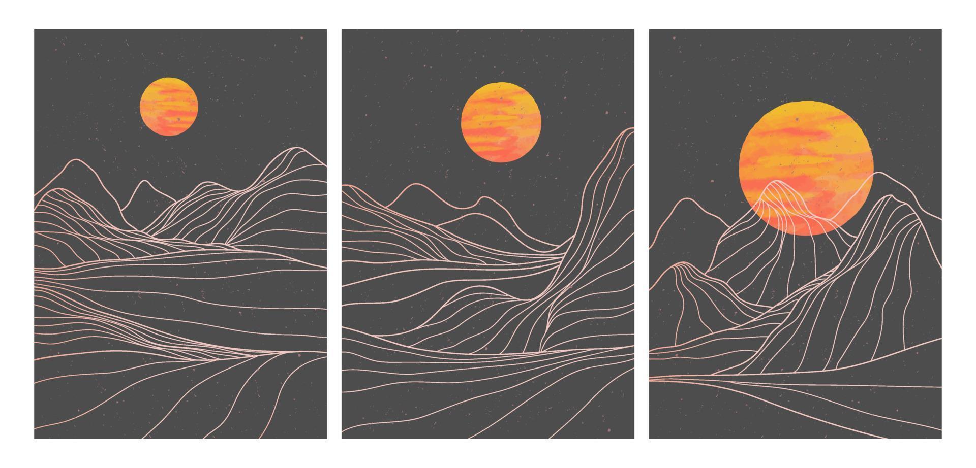 uppsättning av kreativ minimalistisk modern linje konst skriva ut. abstrakt berg samtida estetisk bakgrunder landskap. med fjäll, skog, hav, måne. vektor illustrationer