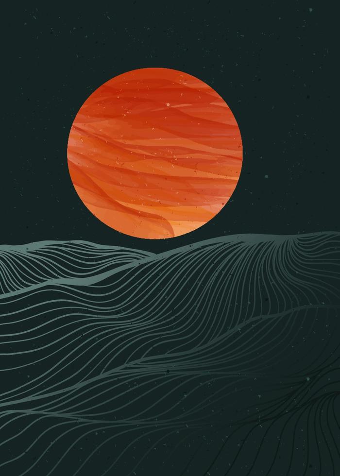 Mondlicht und Wüste. kreativer minimalistischer moderner Linienkunstdruck. abstrakt berg zeitgenössisch ästhetisch hintergründe landschaften. Vektorillustrationen vektor