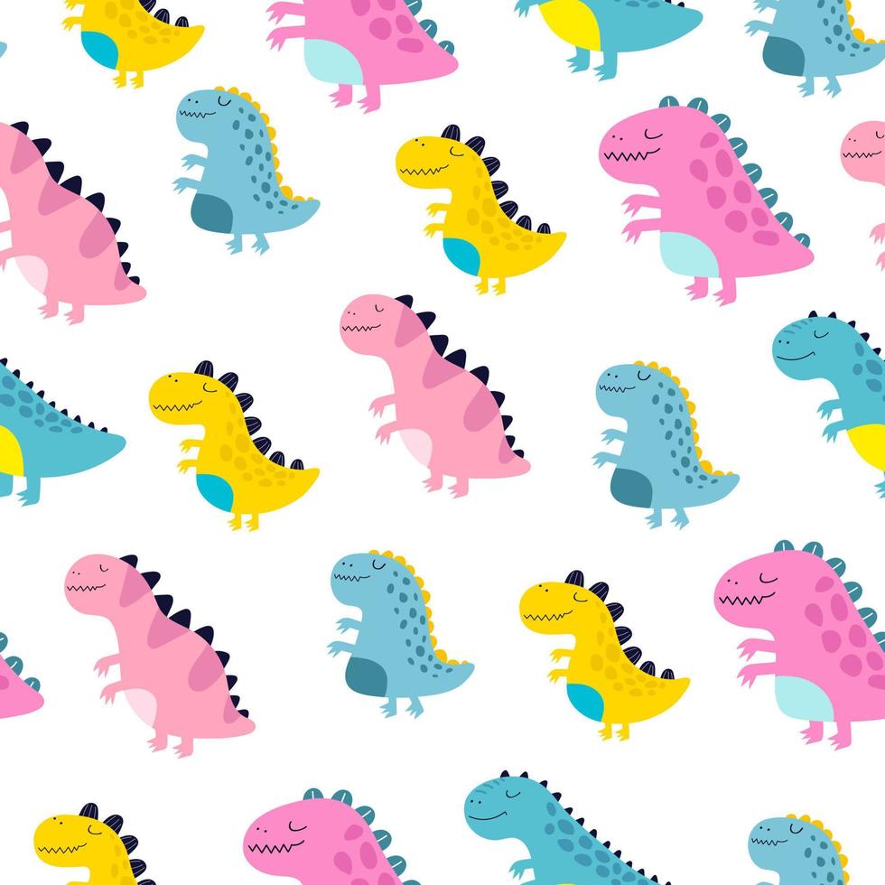sömlös mönster med tecknad serie dinosaurier. färgrik vektor platt stil för ungar. djur. hand teckning. bebis design för tyg, skriva ut, omslag, textil-